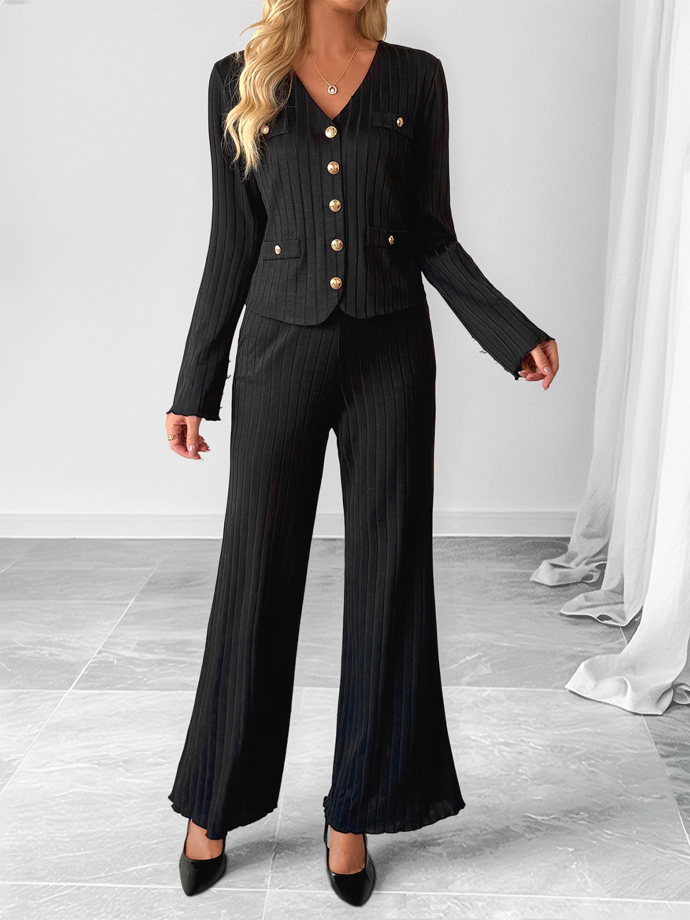 Elegant Jacket Solid Color Wide Leg Pants Set InsStreet