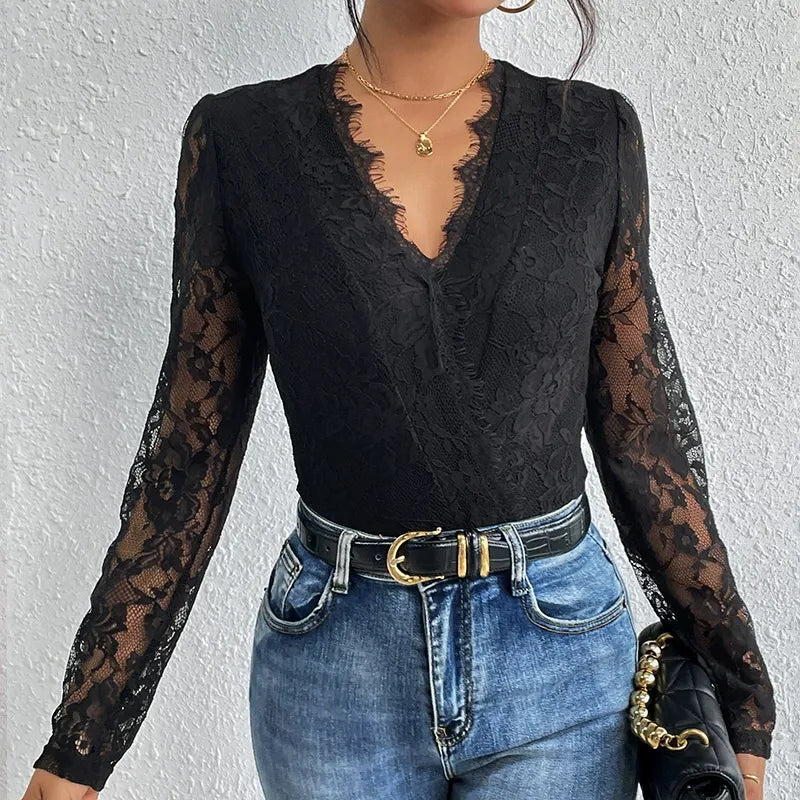 Lace Long-Sleeved V-Neck Bodysuit InsStreet