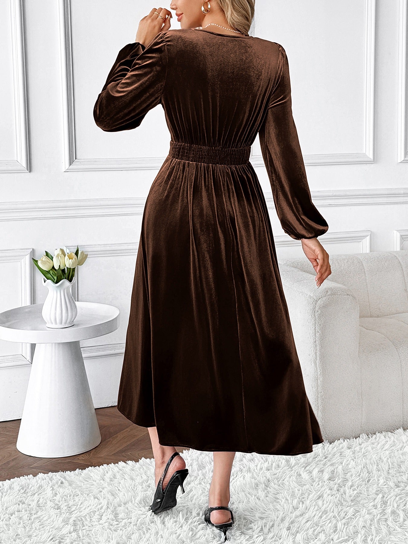 Lace V-neck Long-Sleeved Velvet Dress INSSTREET