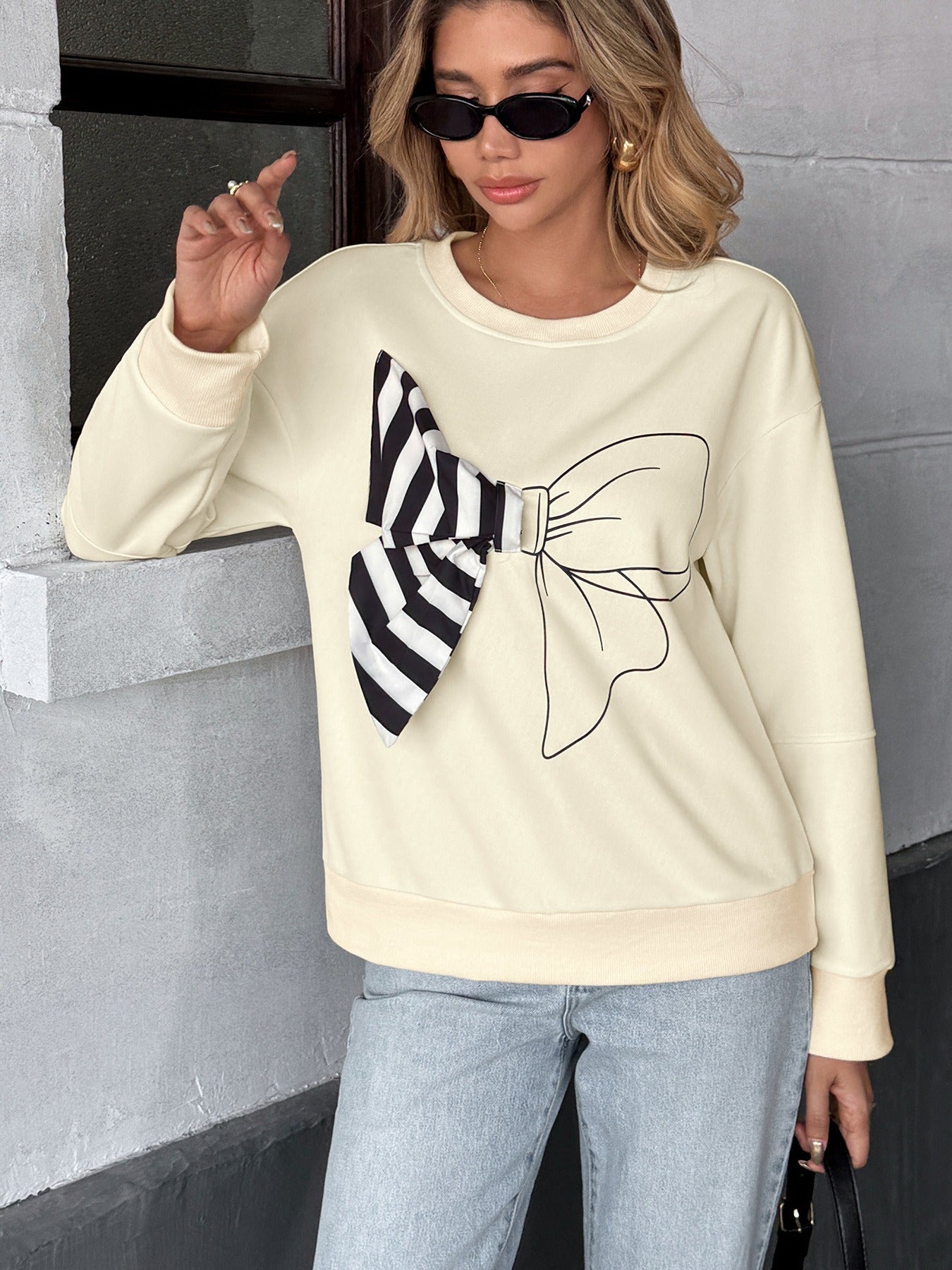 Casual Striped Bow Pullover Sweatshirt InsStreet
