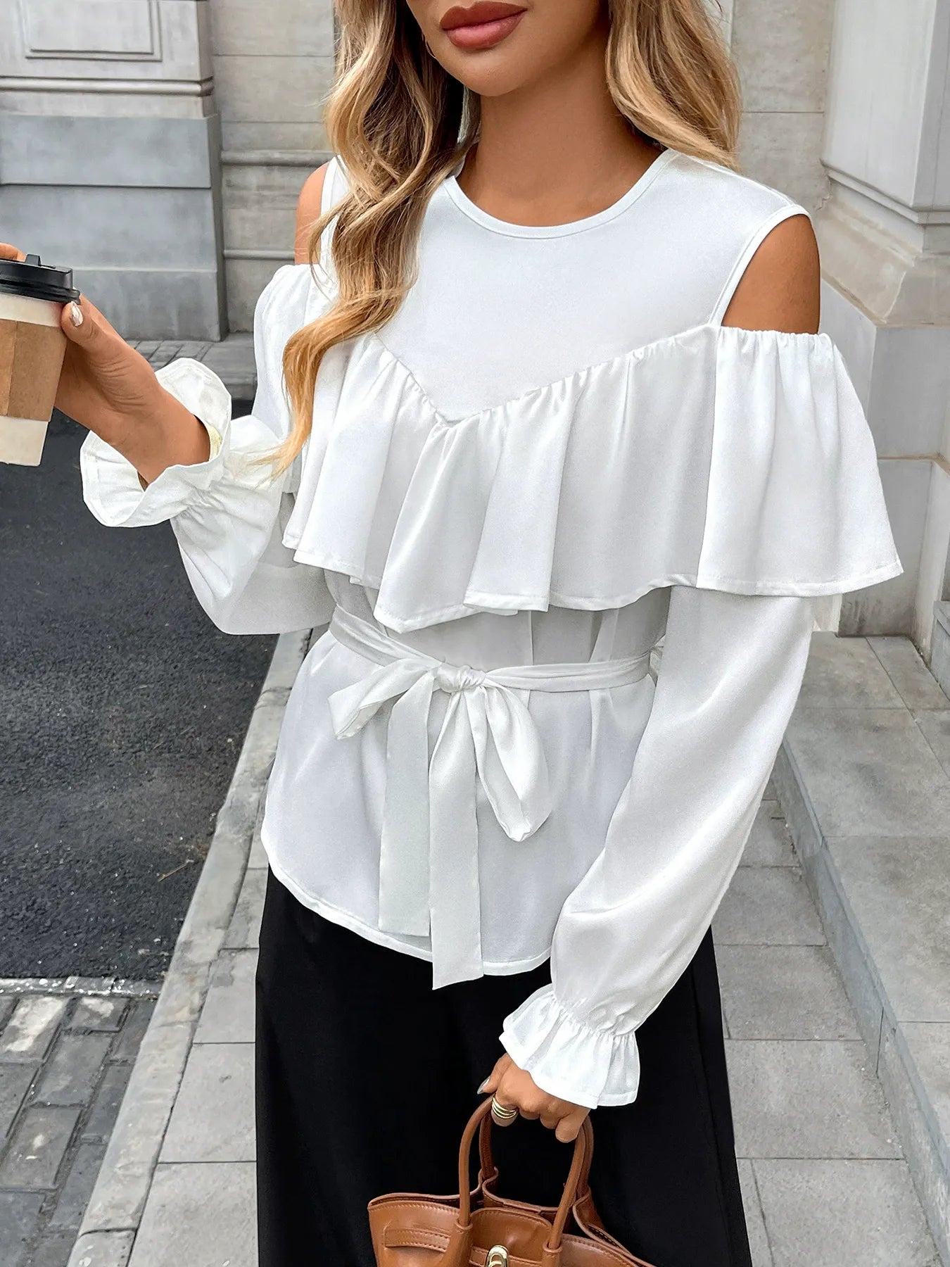 Patchwork Ruffle Waist-Cinching Shirt InsStreet