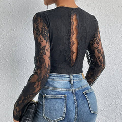 Lace Long-Sleeved V-Neck Bodysuit InsStreet