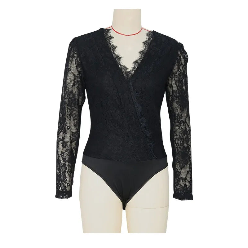 Lace Long-Sleeved V-Neck Bodysuit InsStreet