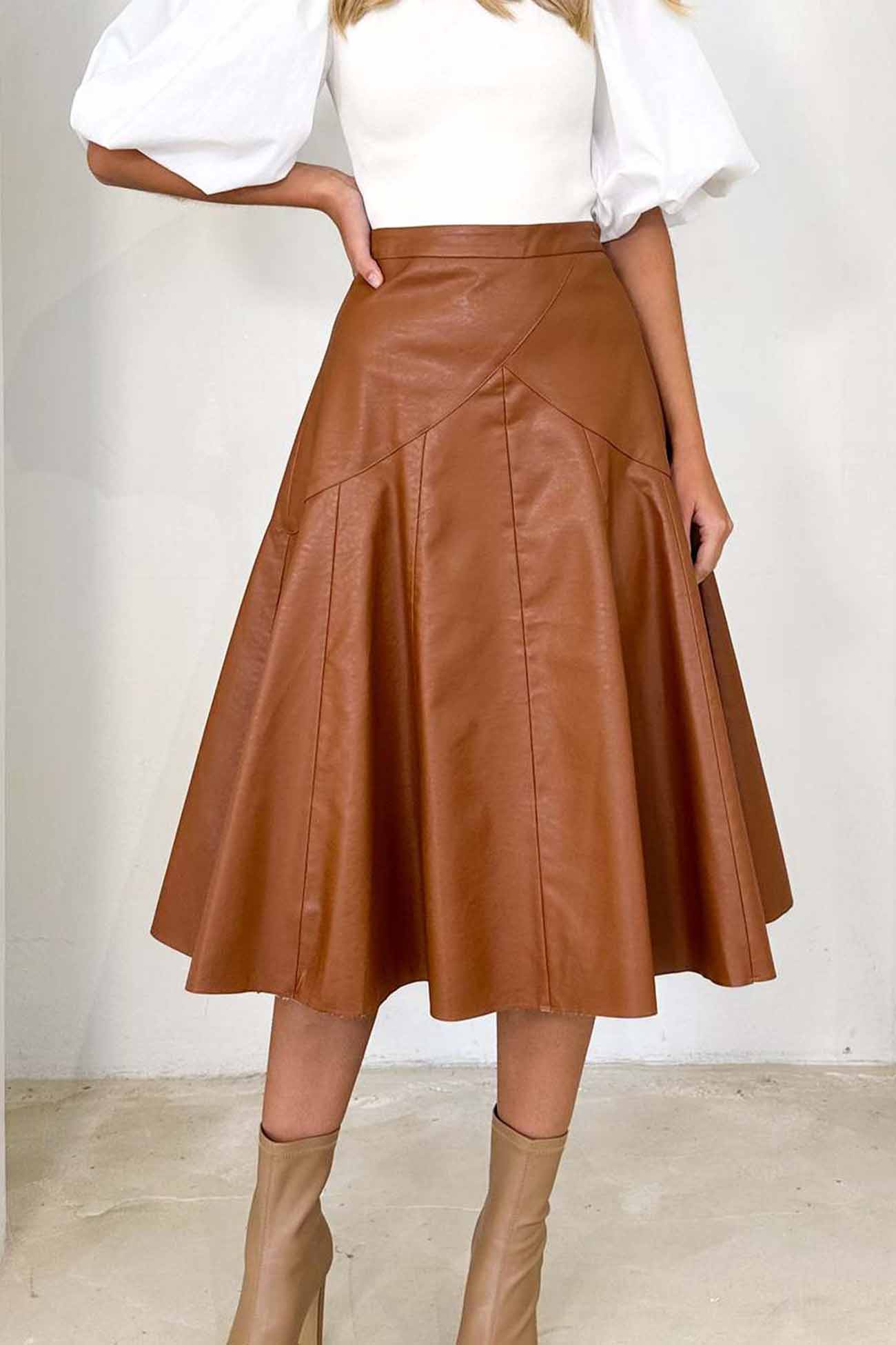 High Waist Pleated Midi Skirt crafted from Leather InsStreet