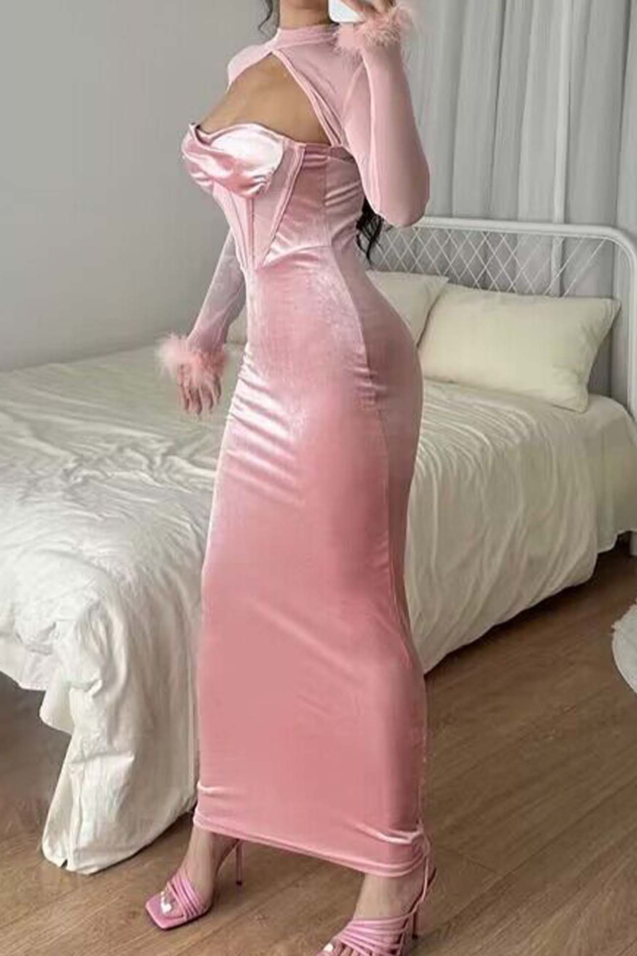 Plush Mesh Patchwork Corset Midi Dress with Hollow Detail InsStreet