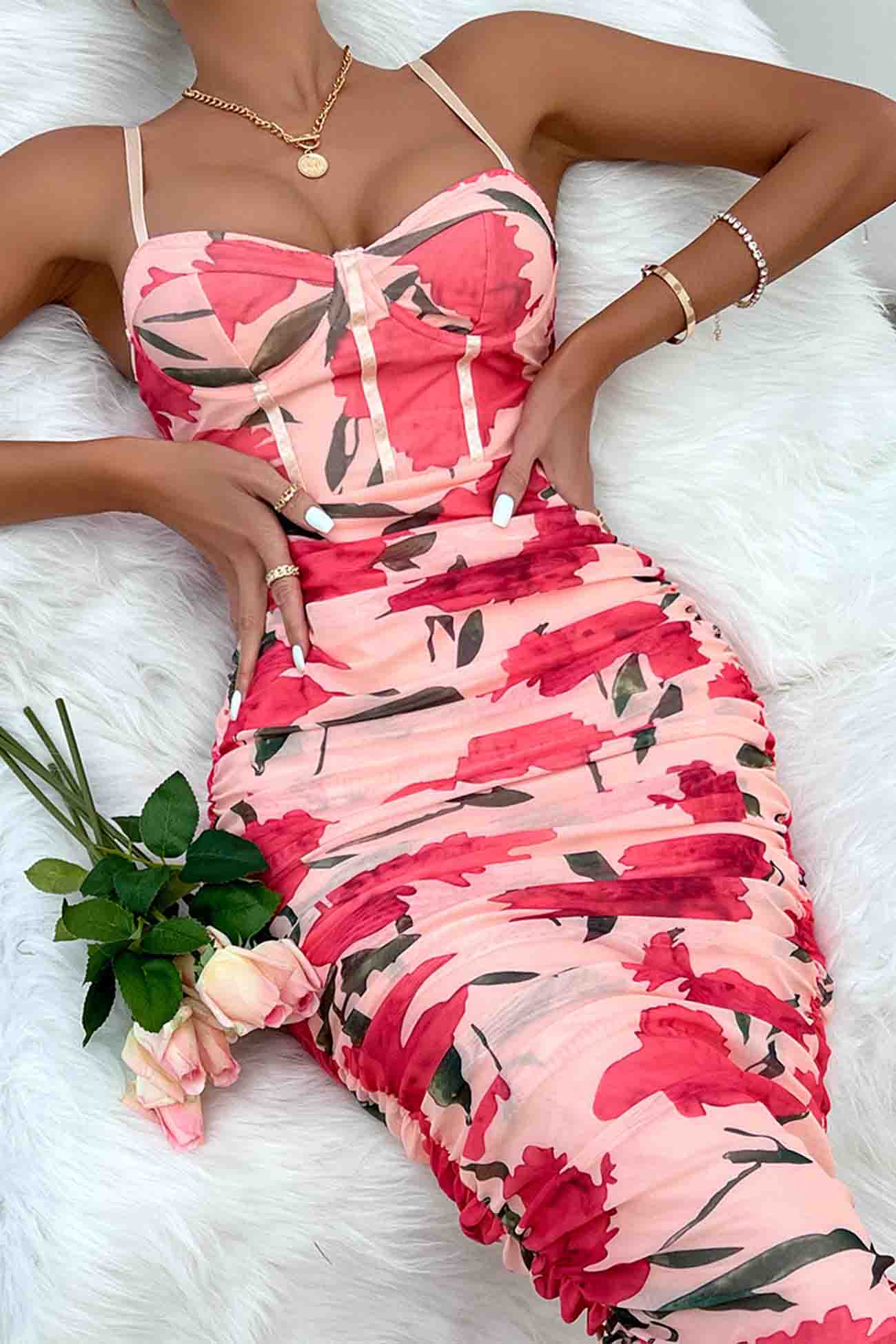 Floral Rushed Bodycon Cami Dress InsStreet