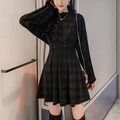 Stand Collar Long Sleeve Balck Plaid Pleat Ruched Mini Dress InsStreet