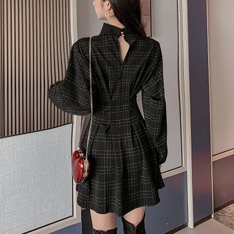 Stand Collar Long Sleeve Balck Plaid Pleat Ruched Mini Dress InsStreet