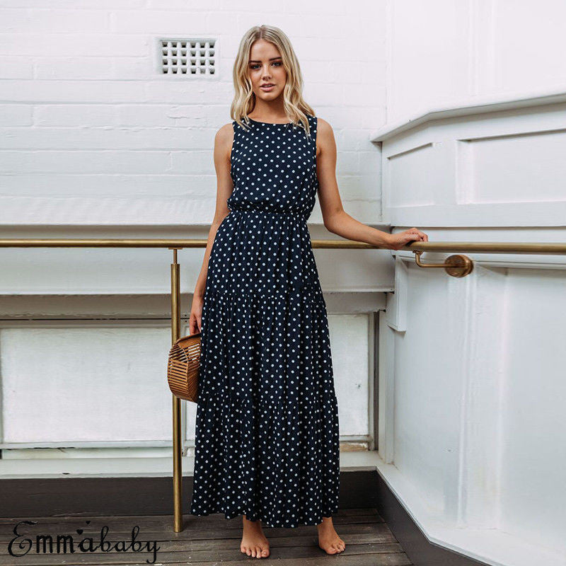 Loose Sleeveless Holiday Dot Print Long Maxi Dress InsStreet