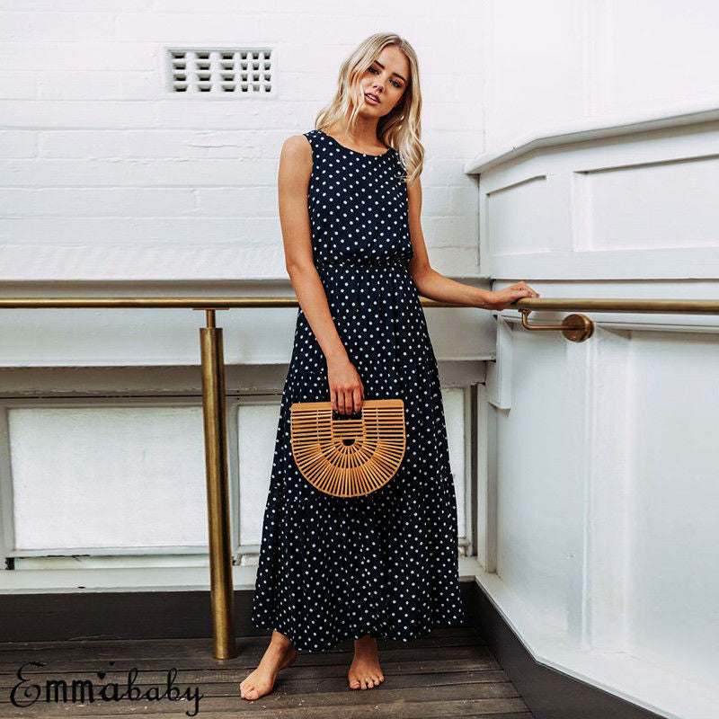 Loose Sleeveless Holiday Dot Print Long Maxi Dress InsStreet