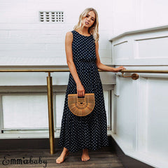 Loose Sleeveless Holiday Dot Print Long Maxi Dress InsStreet