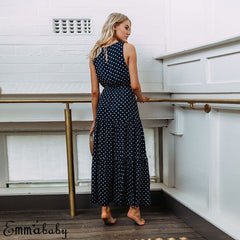 Loose Sleeveless Holiday Dot Print Long Maxi Dress InsStreet