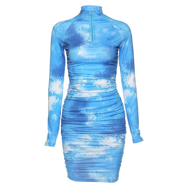 Long Sleeve Tie Dye Ruched Bodycon Sexy Midi Dress InsStreet