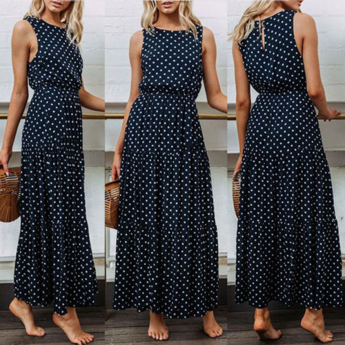 Loose Sleeveless Holiday Dot Print Long Maxi Dress InsStreet