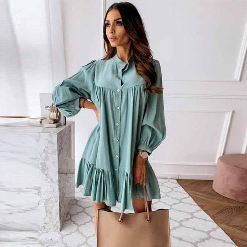 Long Sleeve Stand Collar Solid Elegant Dress InsStreet