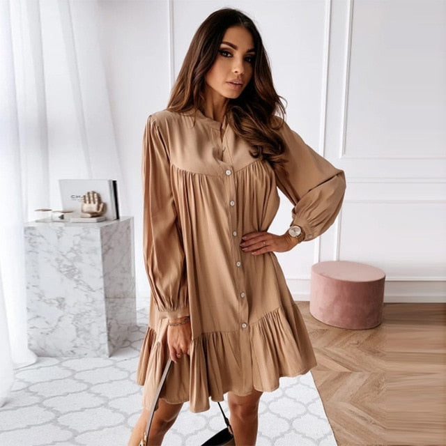 Long Sleeve Stand Collar Solid Elegant Dress InsStreet