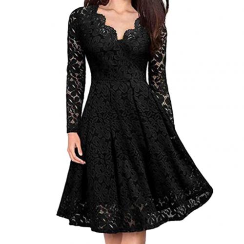 Lace Floral V Neck Long Sleeve Midi Dress InsStreet