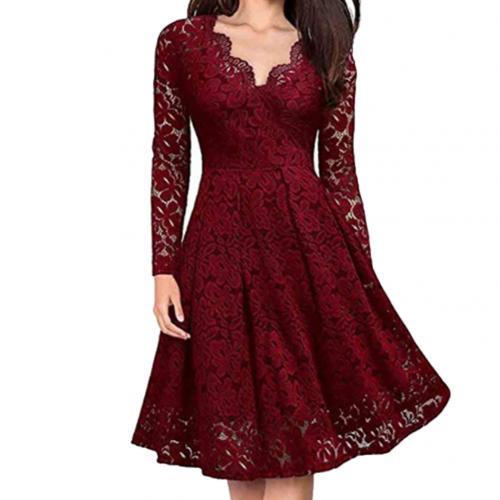 Lace Floral V Neck Long Sleeve Midi Dress InsStreet