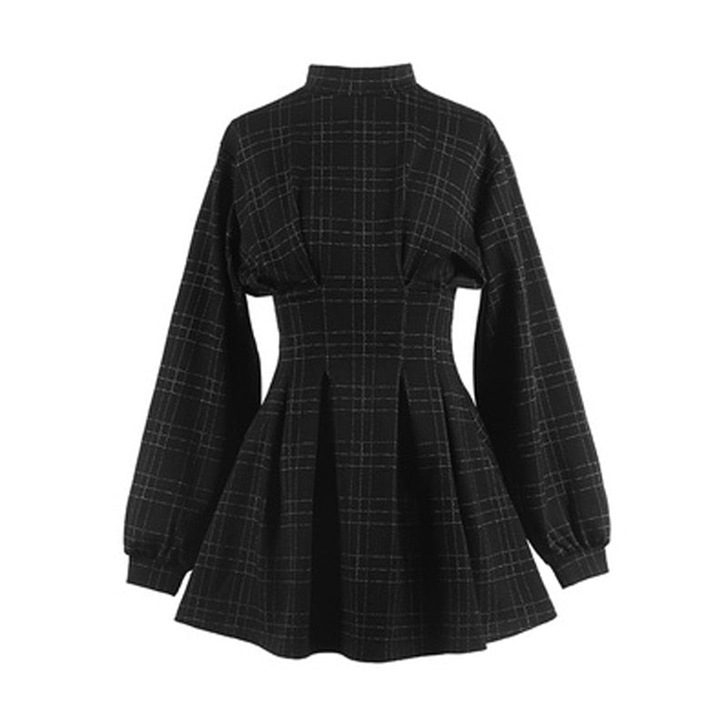 Stand Collar Long Sleeve Balck Plaid Pleat Ruched Mini Dress InsStreet