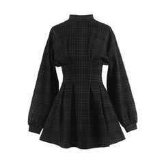 Stand Collar Long Sleeve Balck Plaid Pleat Ruched Mini Dress InsStreet