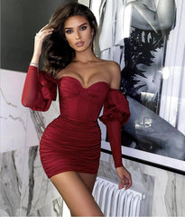 Long Sleeve Burgundy Mini Bandage Dress Elegant Evening Party Dress InsStreet