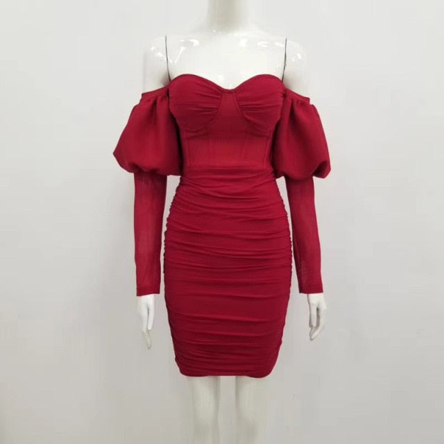 Long Sleeve Burgundy Mini Bandage Dress Elegant Evening Party Dress InsStreet