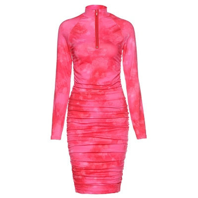 Long Sleeve Tie Dye Ruched Bodycon Sexy Midi Dress InsStreet