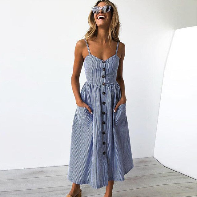 Midi Button Backless Polka Dot Striped Dress InsStreet