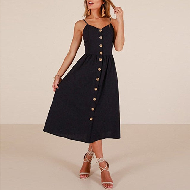 Midi Button Backless Polka Dot Striped Dress InsStreet