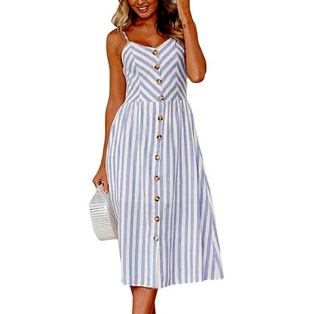 Midi Button Backless Polka Dot Striped Dress InsStreet