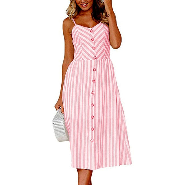 Midi Button Backless Polka Dot Striped Dress InsStreet