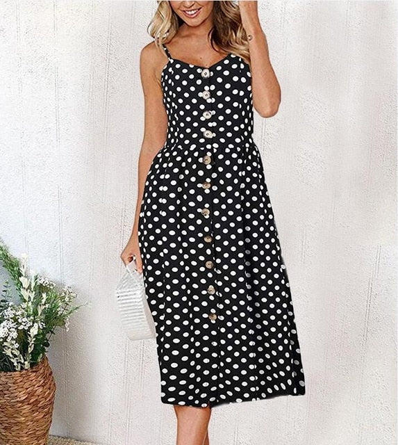 Midi Button Backless Polka Dot Striped Dress InsStreet