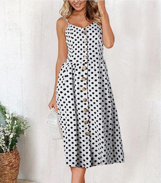 Midi Button Backless Polka Dot Striped Dress InsStreet