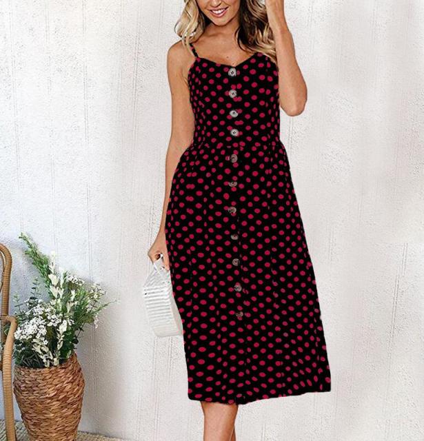 Midi Button Backless Polka Dot Striped Dress InsStreet