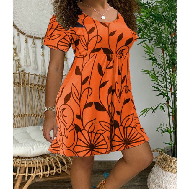 Casual Short Sleeve O-Neck Print A-line Dress InsStreet