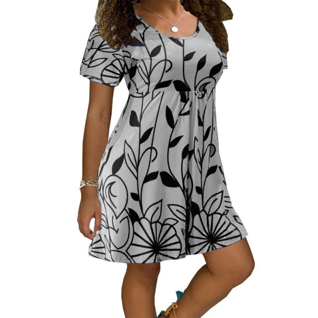 Casual Short Sleeve O-Neck Print A-line Dress InsStreet