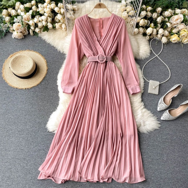 Solid Color Sexy Chiffon Pleated Dress InsStreet