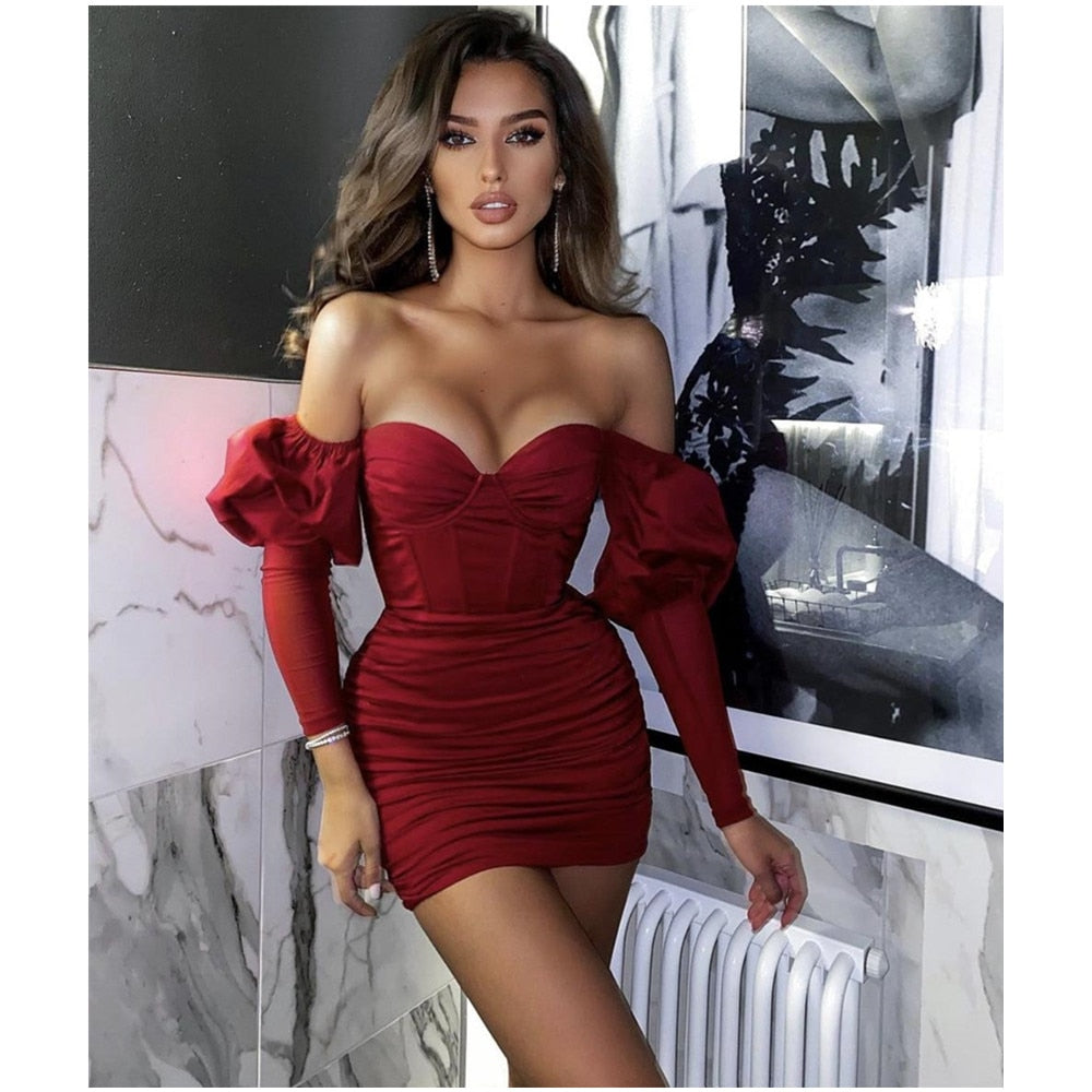 Long Sleeve Burgundy Mini Bandage Dress Elegant Evening Party Dress InsStreet