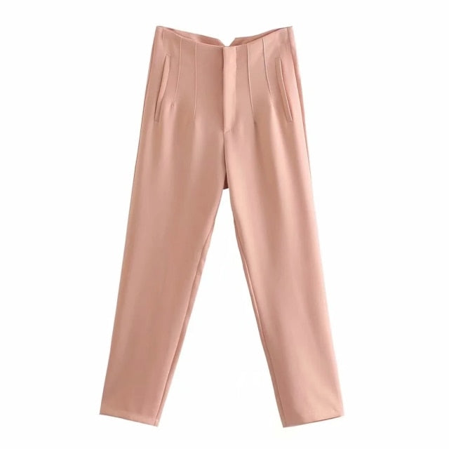 Chic Button Zip Elegant Pink Casual Pants InsStreet