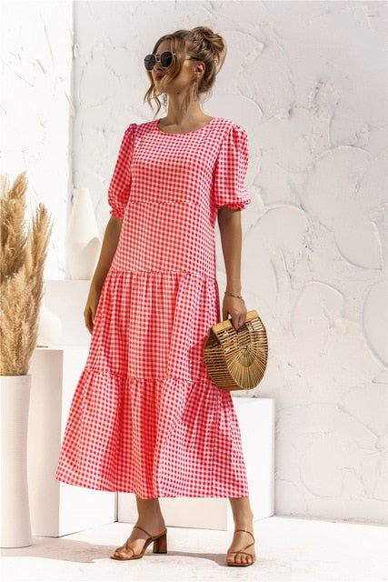 Polka Dot Plaid Print Robe Maxi Dress InsStreet