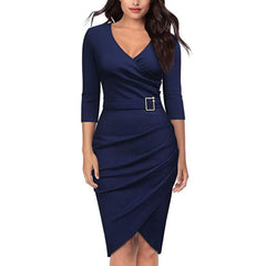 Solid Color V Neck 3/4 Sleeve Pencil Dress InsStreet