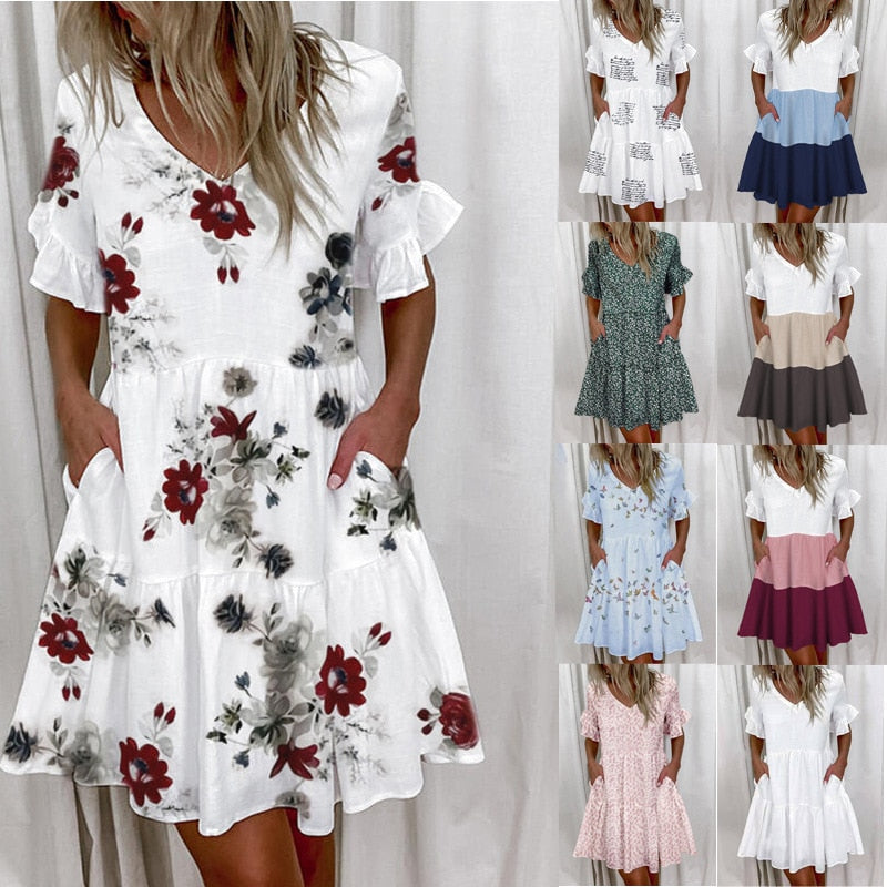 Short Sleeve Floral Print Ruffled Pocket Dresses InsStreet