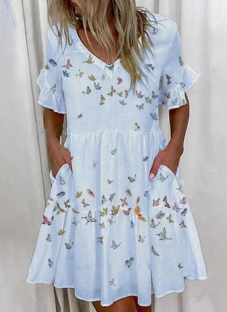 Short Sleeve Floral Print Ruffled Pocket Dresses InsStreet