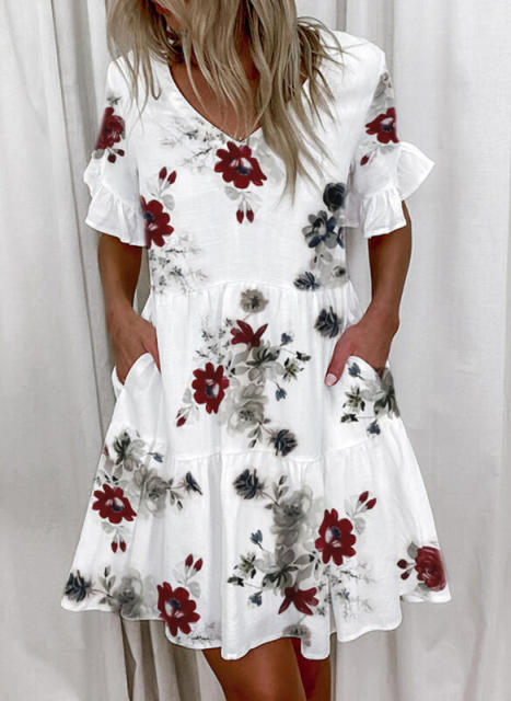 Short Sleeve Floral Print Ruffled Pocket Dresses InsStreet