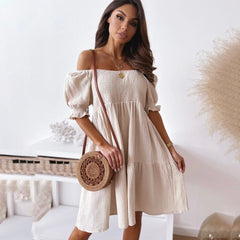 Slash Neck White Puff Sleeve Big Swing Dresses InsStreet