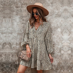 Casual V Neck Button Full Sleeve Dot Mini Dresses InsStreet