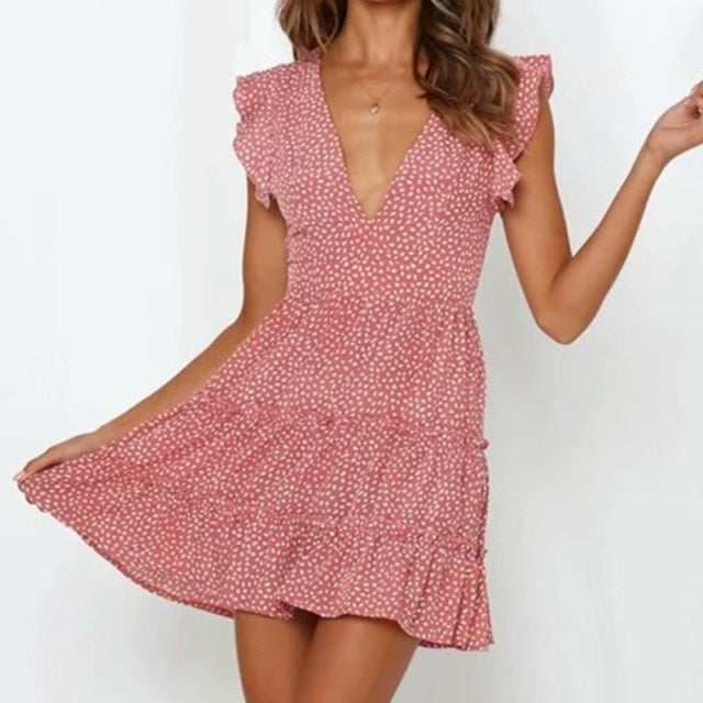 Boho Floral Ruffle Short Mini Dress InsStreet