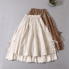 Sweet Japan Style Mori Lace Stitched Linen Skirt InsStreet