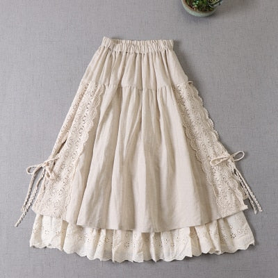 Sweet Japan Style Mori Lace Stitched Linen Skirt InsStreet