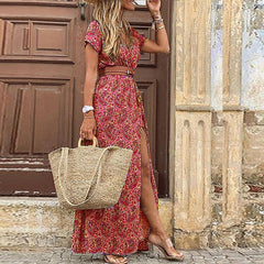 Sexy V-neck Short Sleeve Belted Maxi Dress InsStreet